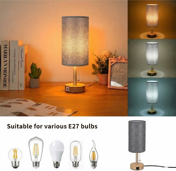 Brilagi - Lampada da tavolo TABLON con porta USB 1xE27/25W/230V rovere/beige/grigio