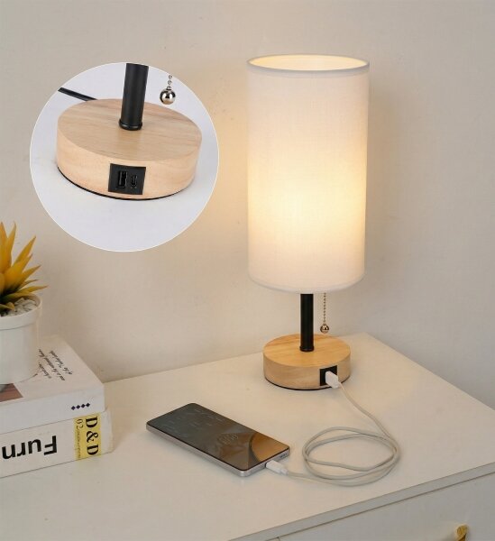 Brilagi - Lampada da tavolo con porta USB TABLON 1xE27/25W/230V rovere/nero/bianco