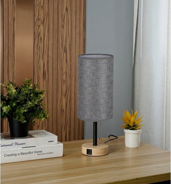 Brilagi - Lampada da tavolo con porta USB TABLON 1xE27/25W/230V rovere/nero/grigio