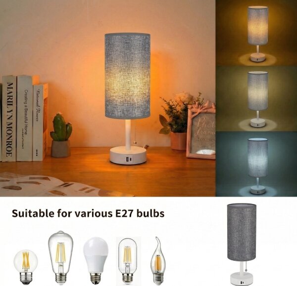 Brilagi - Lampada da tavolo con porta USB TABLON 1xE27/25W/230V bianco/grigio