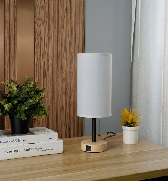 Brilagi - Lampada da tavolo con porta USB TABLON 1xE27/25W/230V rovere/nero/bianco