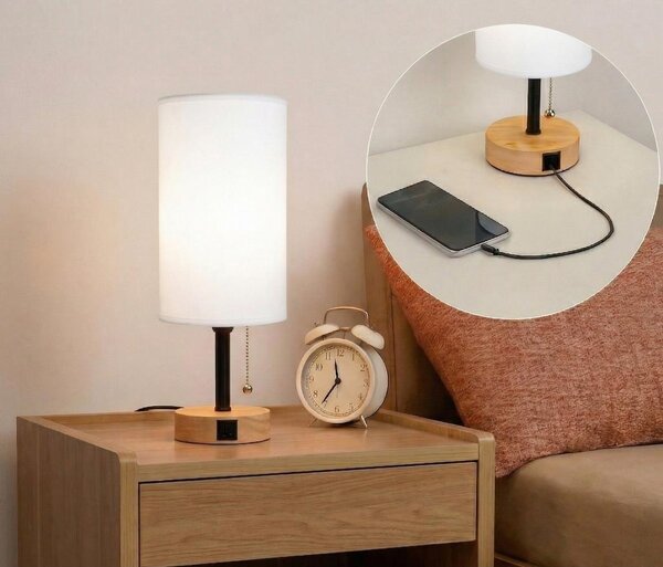 Brilagi - Lampada da tavolo con porta USB TABLON 1xE27/25W/230V rovere/nero/bianco