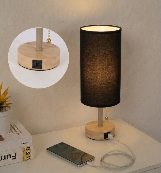 Brilagi - Lampada da tavolo con porta USB TABLON 1xE27/25W/230V rovere/beige/nero