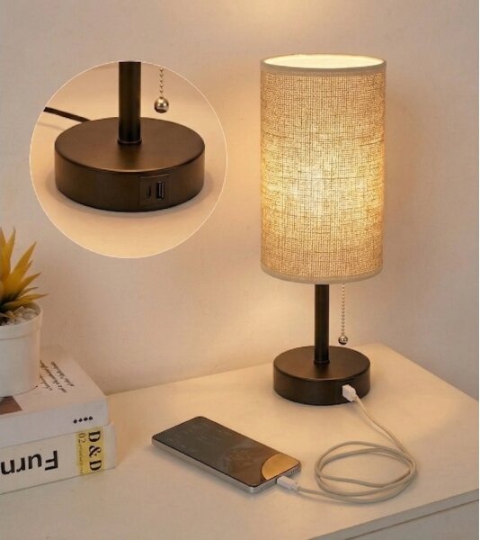 Brilagi - Lampada da tavolo con porta USB TABLON 1xE27/25W/230V nera/beige