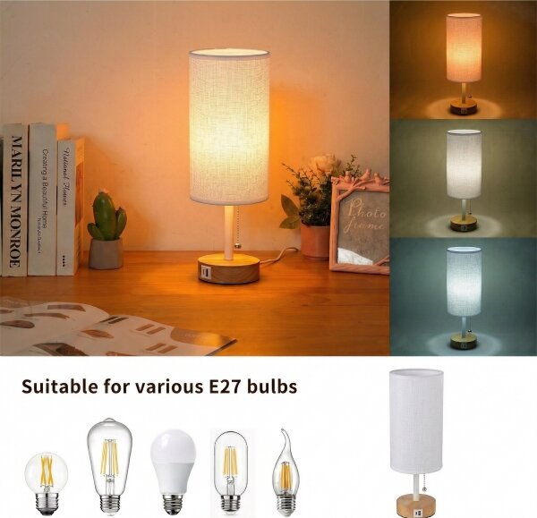 Brilagi - Lampada da tavolo con porta USB TABLON 1xE27/25W/230V rovere/bianco