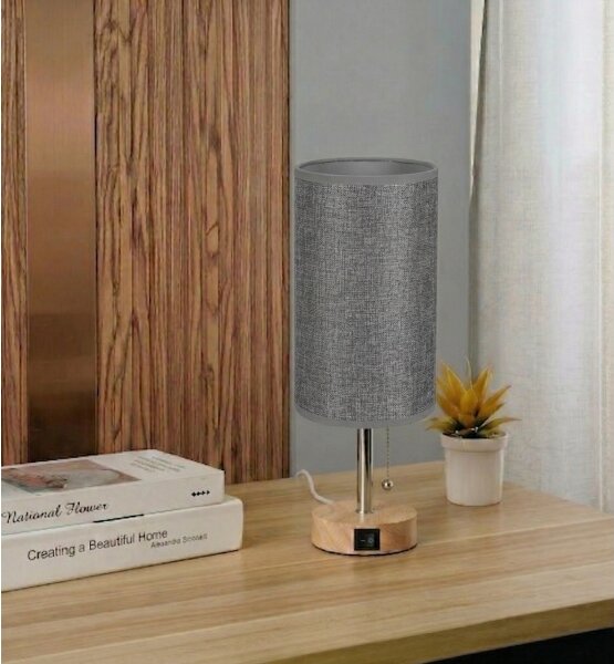 Brilagi - Lampada da tavolo TABLON con porta USB 1xE27/25W/230V rovere/beige/grigio