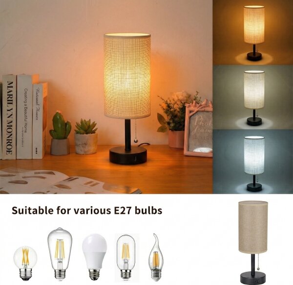 Brilagi - Lampada da tavolo con porta USB TABLON 1xE27/25W/230V nera/beige