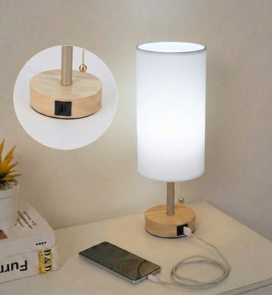 Brilagi - Lampada da tavolo con porta USB TABLON 1xE27/25W/230V rovere/beige/bianco