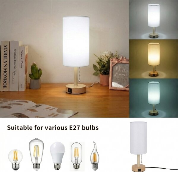Brilagi - Lampada da tavolo con porta USB TABLON 1xE27/25W/230V rovere/beige/bianco