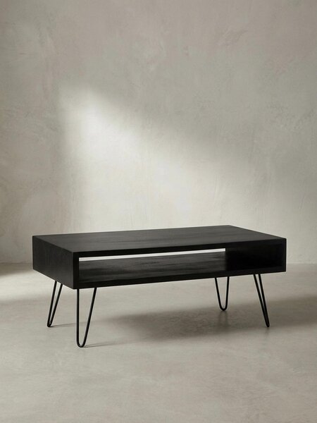 Tavolino da salotto 100x50x40 cm in legno massello di mango Tavolino in metallo, tavolino da salotto di design rettangolare con spazio contenitivo, tavolino da caffè massiccio, grande tavolino da salotto con gambe a forcella