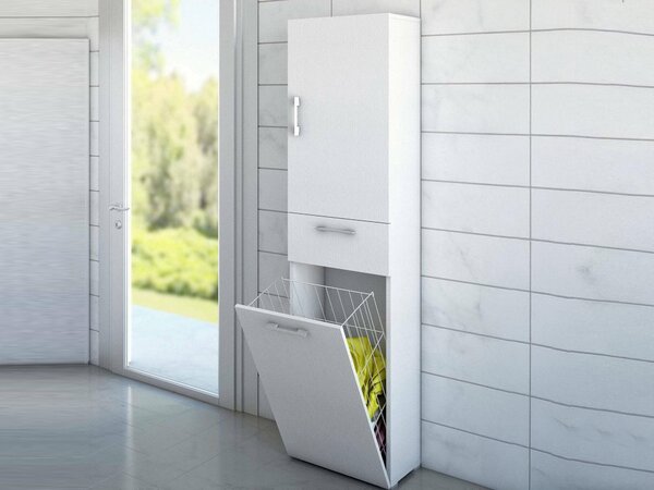 Dmora Armadio Multiuso 2 Ante Aryanne 32x195h cm Bianco, 2 Ante Cestello Portabiancheria Italy