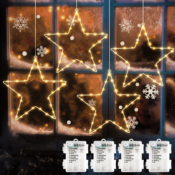 SALCAR 4 pezzi 120 LED luci fiabesche LED stella decorazione finestra Stella di Natale illuminata a batteria Appendere 8 modalità con timer e memoria Bianco caldo
