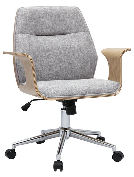 Sedia da ufficio con ruote design in tessuto effetto velluto grigio testurizzato, legno chiaro e acciaio cromato RUFIN