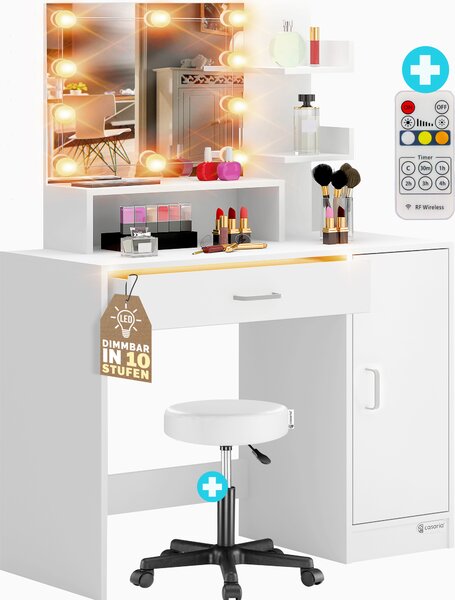 CASARIA® Tavolino da toilette Jocelyn con sgabello Illuminazione a LED cassetto specchio 3 ripiani make-up tavolo da toilette cosmetico cassettiera in legno bianco, Variante: con LED e sgabello