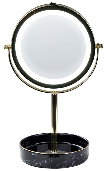 BELIANI Specchio cosmetico LED cornice in metallo ferroso oro e nero ø 20 cm supporto in Vetroceramica lente d'ingrandimento 1x/5x bifacciale