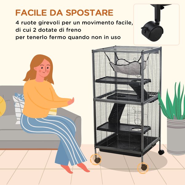 PawHut Gabbia per animali piccoli o roditori con piattaforma rampa vassoio rimovibile amaca 4 ruote telaio in acciao 52 x 52 x 113.5cm|Aosom