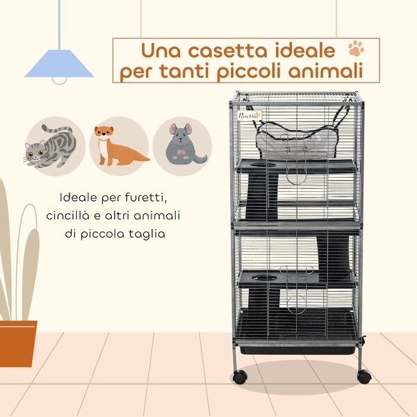 PawHut Gabbia per animali piccoli o roditori con piattaforma rampa vassoio rimovibile amaca 4 ruote telaio in acciao 52 x 52 x 113.5cm|Aosom