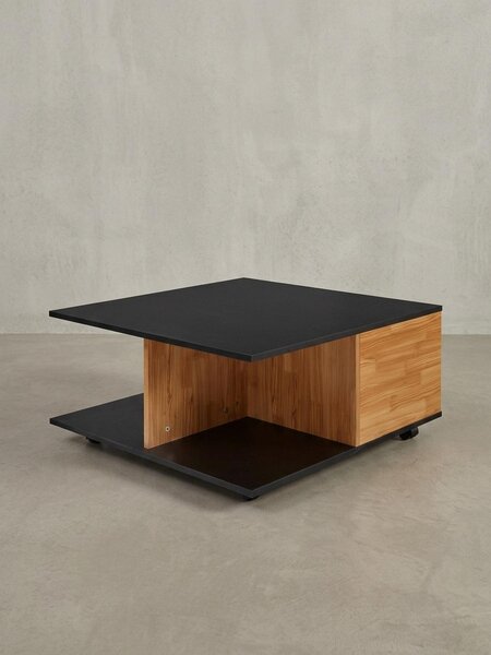 Tavolino design 70x70 cm antracite / rovere sabbiato, tavolino da salotto con 2 cassetti, tavolino da divano con rotelle, tavolino con 2 scomparti
