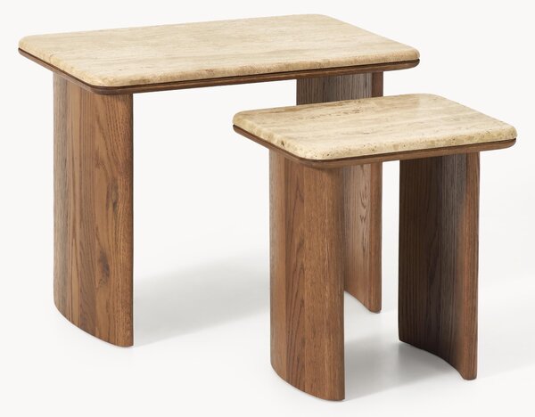 Set di 2 tavolini in legno di quercia con piano in travertino Chandler