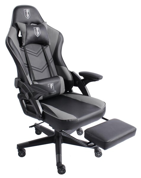 Sedia da gaming dal design moderno ispirato alle auto da corsa, con poggiapiedi estensibile. Sedia da gaming con braccioli regolabili, sedia ergonomica da scrivania con cuscini di supporto extra. Colore: nero/grigio