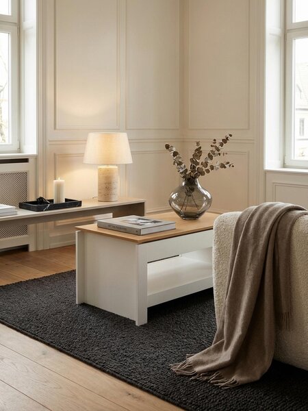 Tavolino bianco / rovere 85x47x45 cm Tavolino da salotto con vano contenitore, tavolino design con ripiano Moderno, tavolino da caffè Tavolino da salotto Angolare