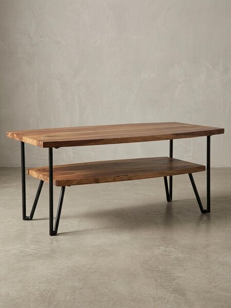 Tavolino in stile industriale in legno massiccio di sheesham e metallo. 90x50x40 cm | Kadima Design