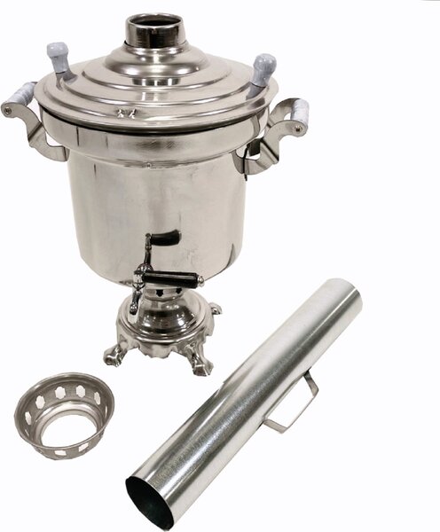 Samovar a carbonella in acciaio inox da 5 litri con camino