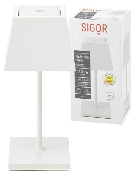 Sigor Nuindie Mini lampada da tavolo ricaricabile IP54 alluminio Easy Connect bianco neve angolare