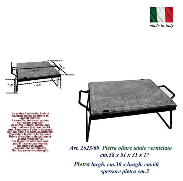 Bistecchiera in pietra ollare telaio in Ferro Dimensioni 30x60 cm Superficie di Cottura 51x31 cm Spessore pietra ollare 2 cm piedi pieghevoli ideale per cotture alla piastra, bistecche, selvaggina