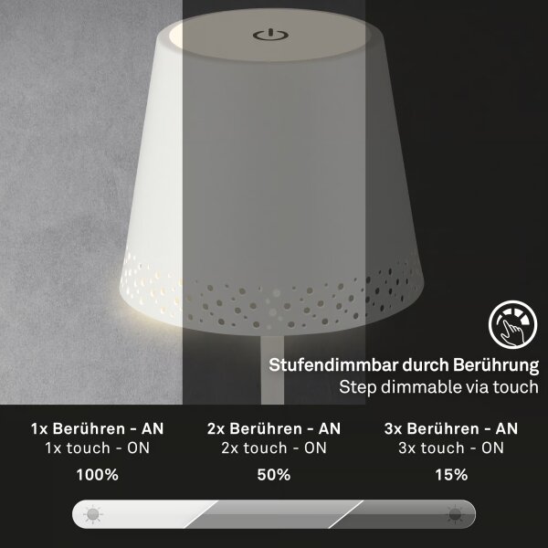 Brilo - Lampada da tavolo LED ricaricabile a sfioramento KIKI LED/2,6W/5V IP44 2600 mAh bianca