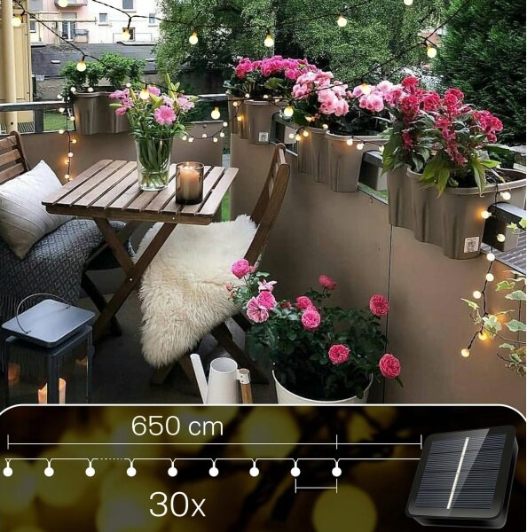 Catena luminosa solare 30x LED/8 funzioni 500 mAh 6,5 m IP67 bianco caldo