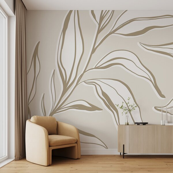 Carta da parati murale Design minimalista ispirato alla natura, con motivo a foglie, Carta da parati popolare, Carta da parati popolare, w00835 - Muralas.it
