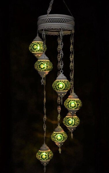 Lampada a sospensione in vetro verde e bianco con mosaico orientale, a 7 luci, realizzata a mano in Turchia, bianco crema