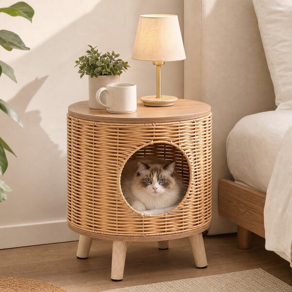 Costway Cuccia per gatti in rattan per interno con gambe robuste in legno massello, Cuccia per gatti con piano impermeabile per camera da letto e soggiorno