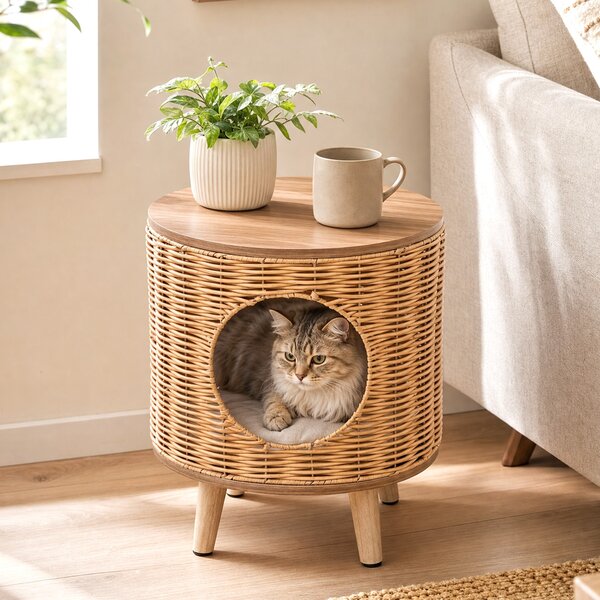Costway Cuccia per gatti in rattan per interno con gambe robuste in legno massello, Cuccia per gatti con piano impermeabile per camera da letto e soggiorno