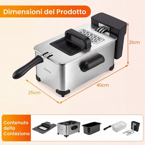 Costway Friggitrice professionale elettrica capacità di 3 l 2000w timer 1-60 min, Friggitrice ad olio in acciaio inox con 6 programmi cestello estraibile
