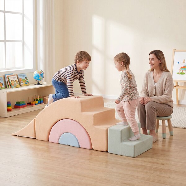 Costway Set di blocchi in schiuma per bambini mattoncini sensoriali componibili con scivolo scala e tunnel, Gioco morbido a 5 pezzi per cameretta e asilo nido