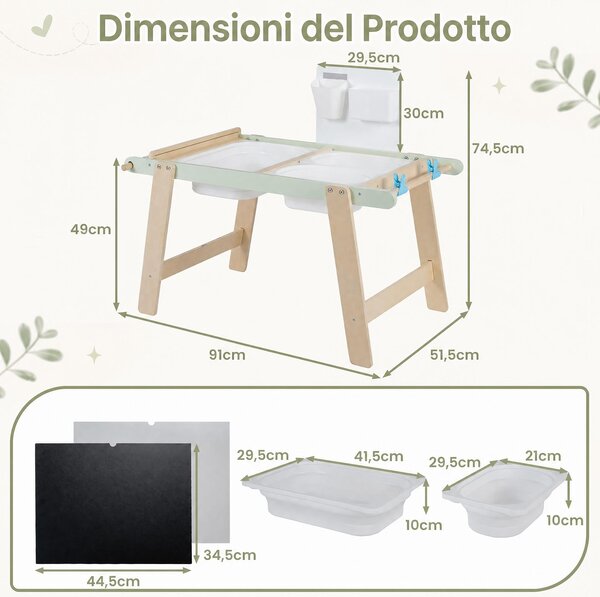 Costway Tavolo sensoriale per bambini 3+ anni con pannello bifacciale, Tavolino montessori multiattivita per giochi con sabbia e acqua