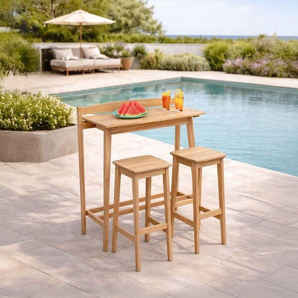 Set da bar da giardino - ZANZIBAR - Legno di acacia- 1 tavolo rettangolare 44,5 x 100 x 112 cm - 2 sgabelli 37 x 35 x 72 cm