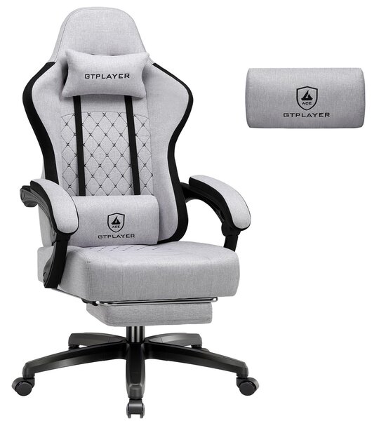Sedia da gaming GTPLAYER, rivestita in tessuto, con imbottitura a molle, sedia girevole ergonomica, sedia da gaming con poggiapiedi, capacità di carico fino a 150 kg, colore grigio chiaro