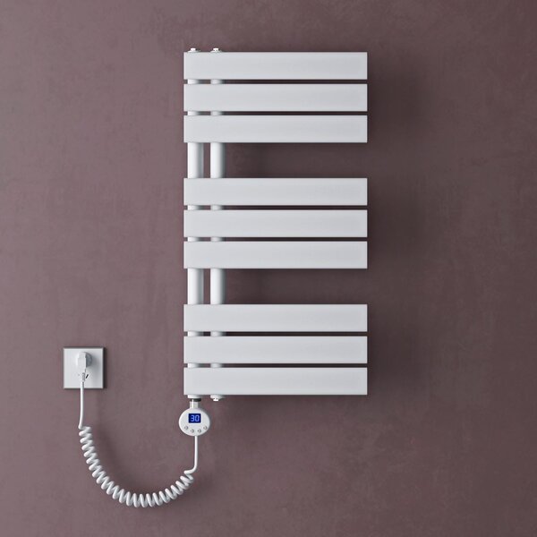 Doporro Scaldasalviette Elettrico Bagno con Termostato Digitale e Funzione Timer 76x40cm 600W Bianco, Termoarredo Elettrico Temperatura Regolabile, Radiatore da Parete Verticale - FN