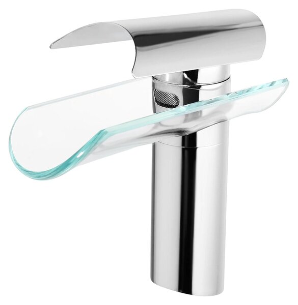 Rubinetto a cascata per bagno - Miscelatore monocomando - Bocchetta in vetro - Acciaio inossidabile e ottone - 2 tubi flessibili - Miscelatore a leva alta - Argento
