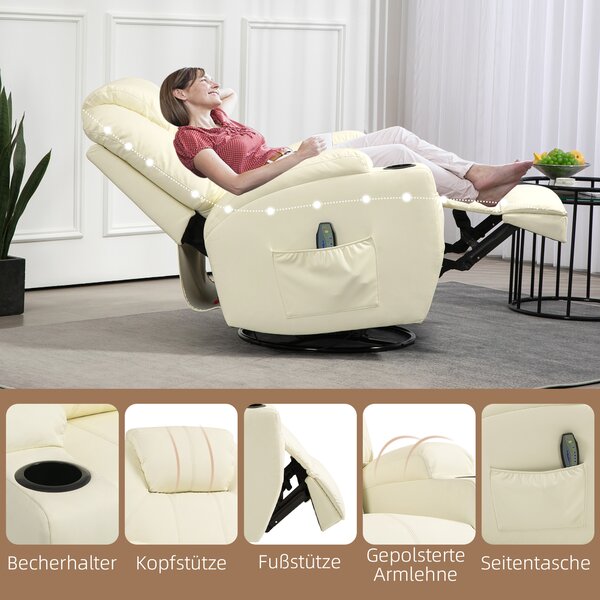HOMCOM Poltrona Relax Girevole con Funzione Massaggio, Schienale Inclinabile, fino a 150 kg, in Ecopelle, Bianco Crema | Aosom Italy