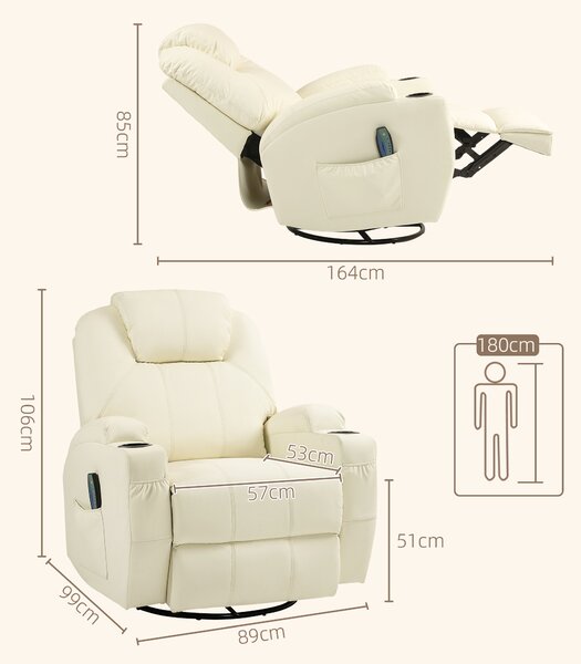 HOMCOM Poltrona Relax Girevole con Funzione Massaggio, Schienale Inclinabile, fino a 150 kg, in Ecopelle, Bianco Crema | Aosom Italy