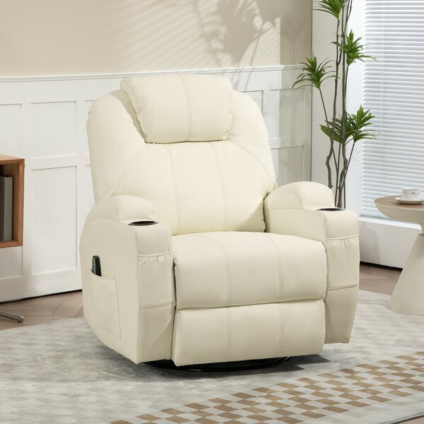HOMCOM Poltrona Relax Girevole con Funzione Massaggio, Schienale Inclinabile, fino a 150 kg, in Ecopelle, Bianco Crema | Aosom Italy