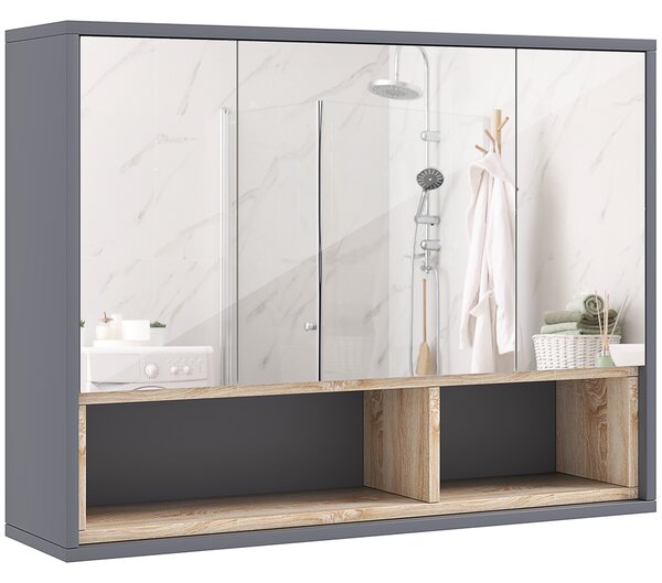HOMCOM Specchiera Bagno a 3 Ante con Armadietto 8 Vani e Ante Ammortizzate, 80x20x60 cm, Grigio