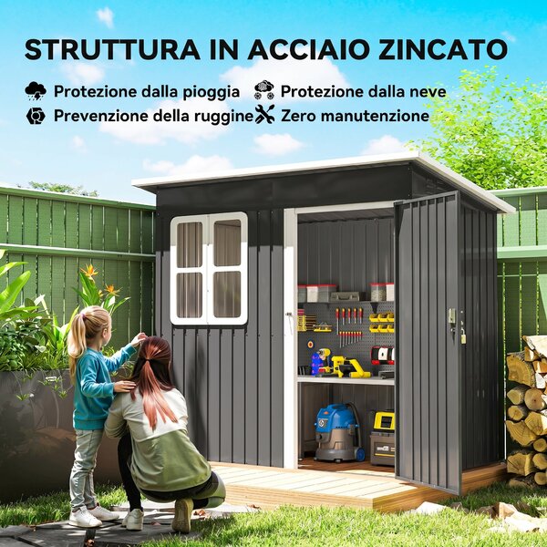 Outsunny Casetta da Giardino 2.55m² in Acciaio Zincato, con Kit di Fondazione, Porta Blocco Tetto Inclinato, Grigio | Aosom Italy