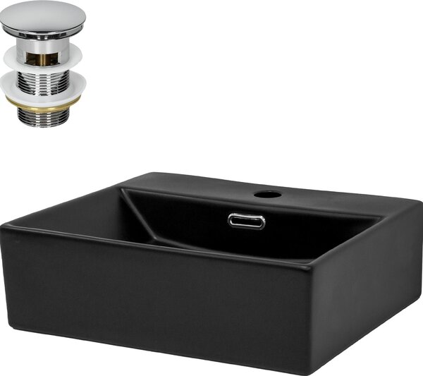 Lavabo LuxeBath Lavabo da appoggio Square, 41,5x36x13 cm, nero, in Vetroceramica, incl. set di scarico con troppopieno