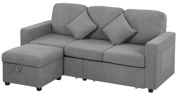 HOMCOM Divano a 3 Posti Contenitore con 2 Cassetti e Pouf in Velluto a Coste, 196x139x85 cm, Grigio Chiaro | Aosom Italy