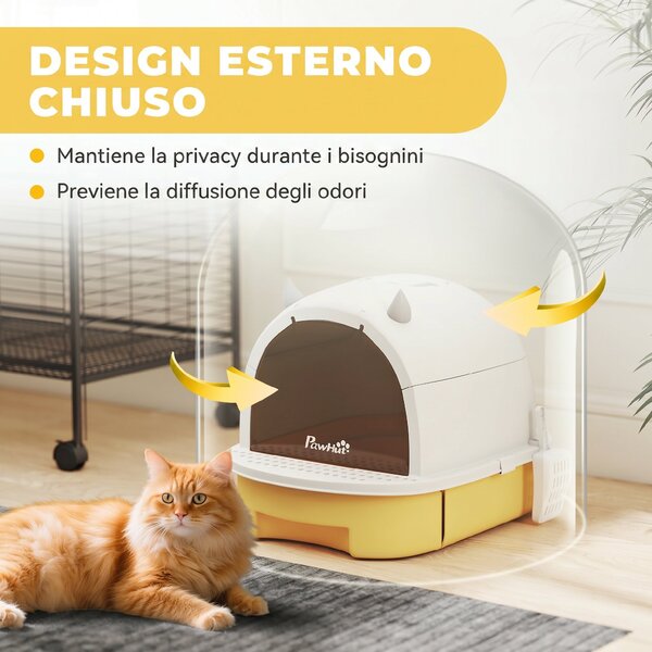 PawHut Lettiera per Gatti Chiusa con Vassoio Estraibile, Maniglia, Paletta e 2 Filtri al Carbone Attivo, Giallo | Aosom Italy